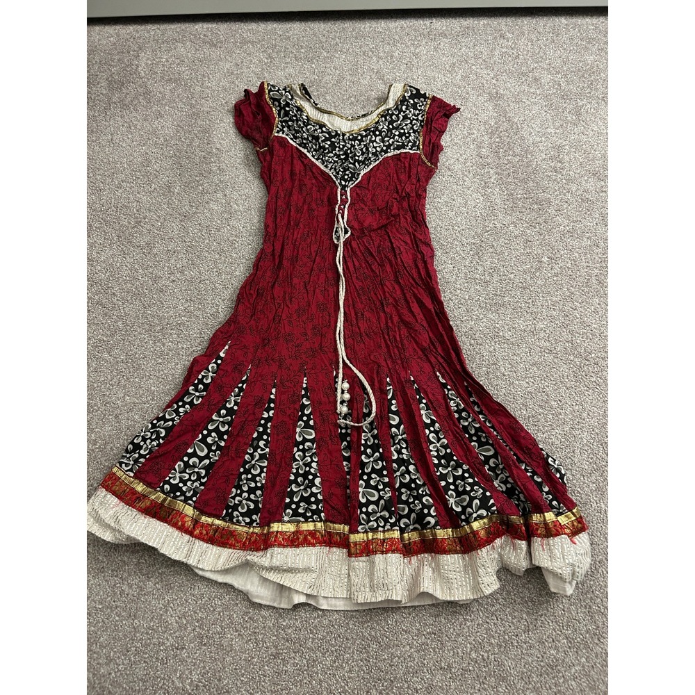 South Asian Kameez Midi Dress Womens S Red Excellent Crinkle Boho Floral